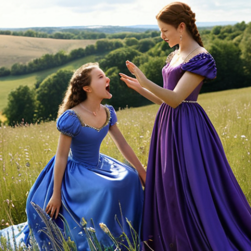 Home 4 **
"Anneliese and Erika, identical but distinct, singing a heartfelt duet in a sunlit meadow. Anneliese in a regal blue gown adorned with jewels, Erika in a simple purple dress. Focus on their emotional connection and the beauty of the French countryside."
**
