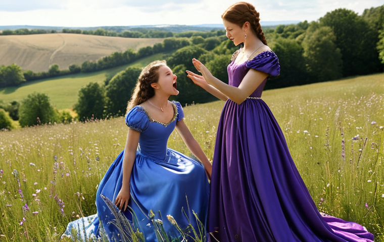 **
"Anneliese and Erika, identical but distinct, singing a heartfelt duet in a sunlit meadow. Anneliese in a regal blue gown adorned with jewels, Erika in a simple purple dress. Focus on their emotional connection and the beauty of the French countryside."
**