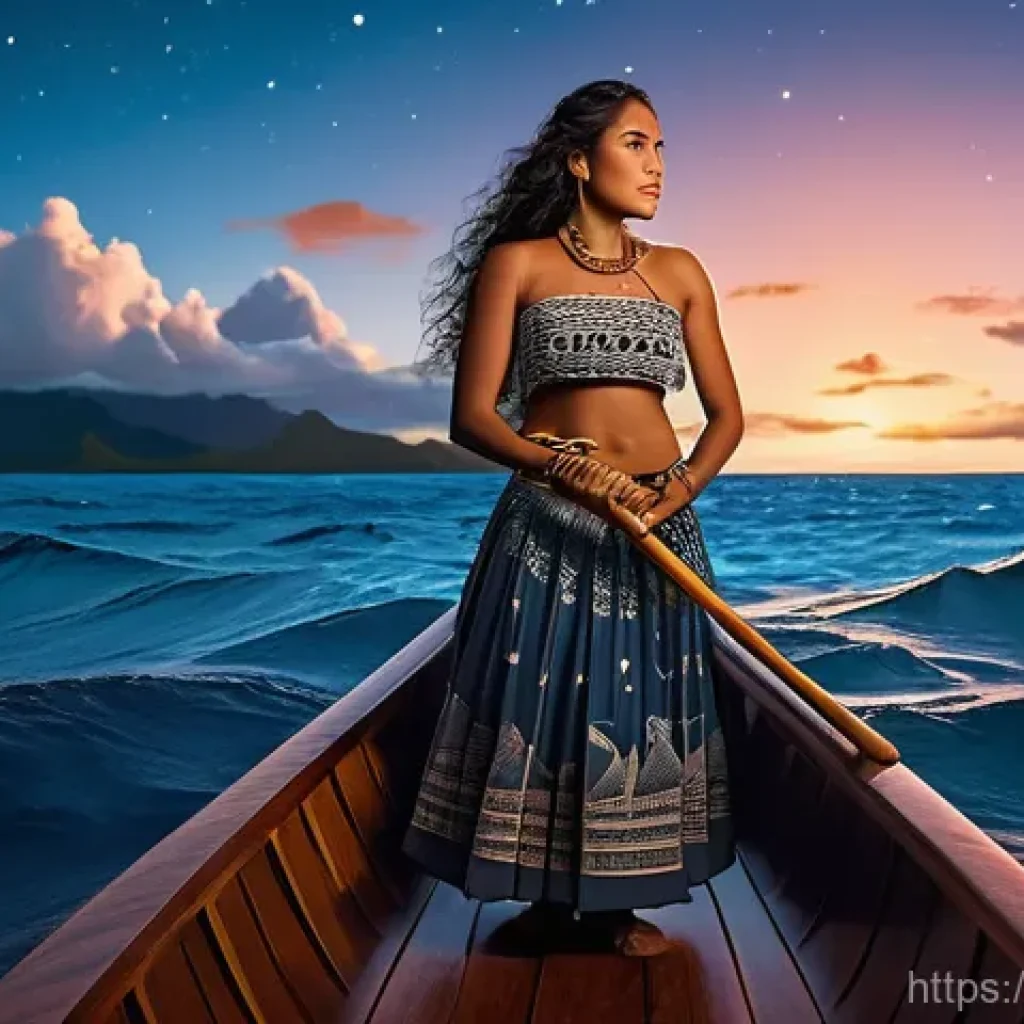 모아나 Moana 모아나와 폴리네시아 문화의 아름다움 - **A determined Polynesian female voyager, reminiscent of Vaiana, stands confidently at the helm of a...