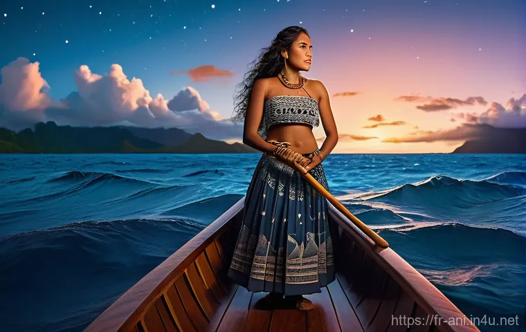 모아나  Moana    모아나와 폴리네시아 문화의 아름다움 - **A determined Polynesian female voyager, reminiscent of Vaiana, stands confidently at the helm of a...
