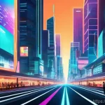 랄프 2  인터넷 속으로  Ralph Breaks the Internet    랄프 2와 디지털 세상의 확장 - **A Vibrant Digital Metropolis:** An expansive, highly detailed, futuristic cityscape at sunset, gle...