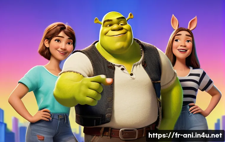 슈렉  Shrek    슈렉과 현대적 패러디의 결합 - A vibrant digital art scene depicting Shrek and his friends in a modern internet meme style, featuri...