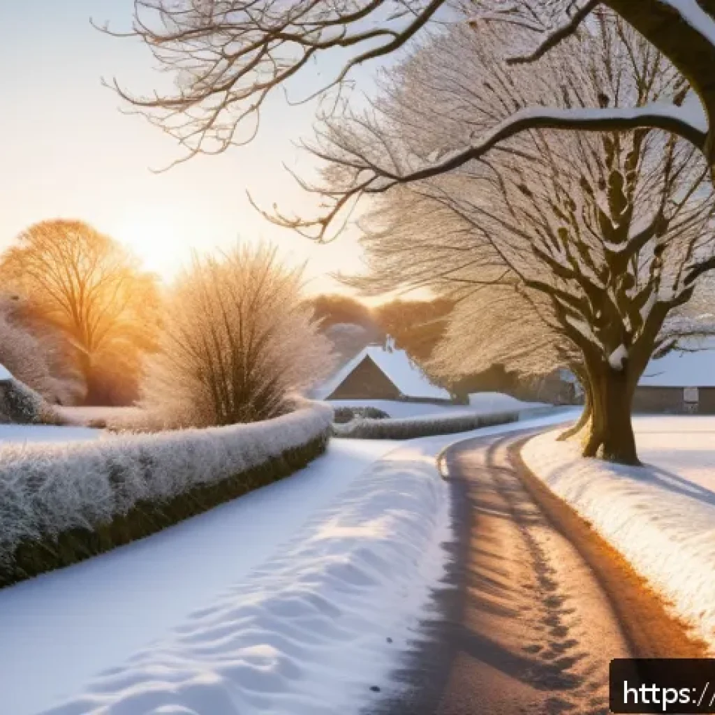 스노우맨 The Snowman 스노우맨과 겨울의 마법 같은 여정 - A picturesque British snowy countryside scene at golden hour, featuring snow-covered trees and rooft...