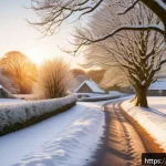 스노우맨  The Snowman    스노우맨과 겨울의 마법 같은 여정 - A picturesque British snowy countryside scene at golden hour, featuring snow-covered trees and rooft...