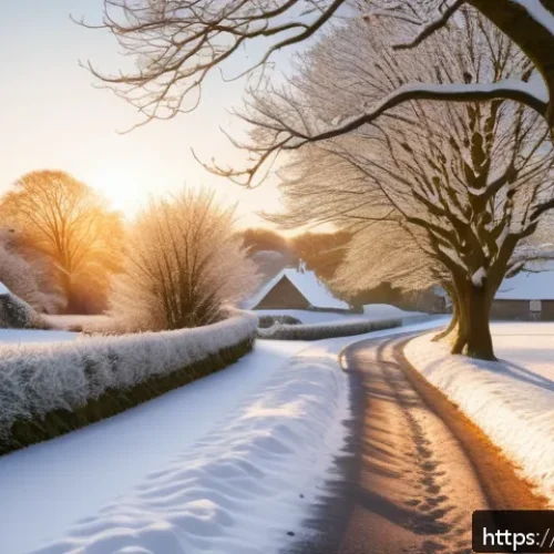 스노우맨  The Snowman    스노우맨과 겨울의 마법 같은 여정 - A picturesque British snowy countryside scene at golden hour, featuring snow-covered trees and rooft...