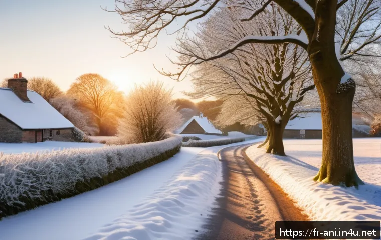 스노우맨 The Snowman 스노우맨과 겨울의 마법 같은 여정 - A picturesque British snowy countryside scene at golden hour, featuring snow-covered trees and rooft...