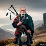 브레이브  Brave    브레이브와 스코틀랜드 전설 - A detailed portrait of a Highland clan chief standing proudly on a misty mountain ridge at dawn, wea...