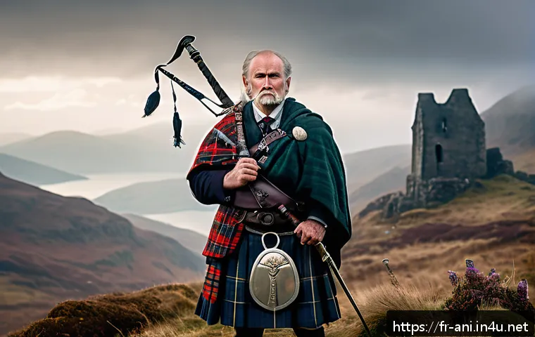 브레이브 Brave 브레이브와 스코틀랜드 전설 - A detailed portrait of a Highland clan chief standing proudly on a misty mountain ridge at dawn, wea...