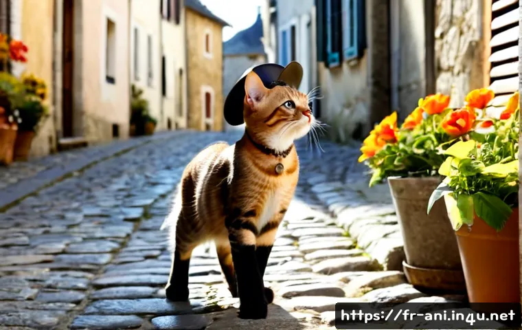 Home 17 장화 신은 고양이 Puss in Boots 장화 신은 고양이의 모험과 유머 - Photorealistic ginger tabby cat wearing tiny leather boots and a feathered travel hat, standing conf...
