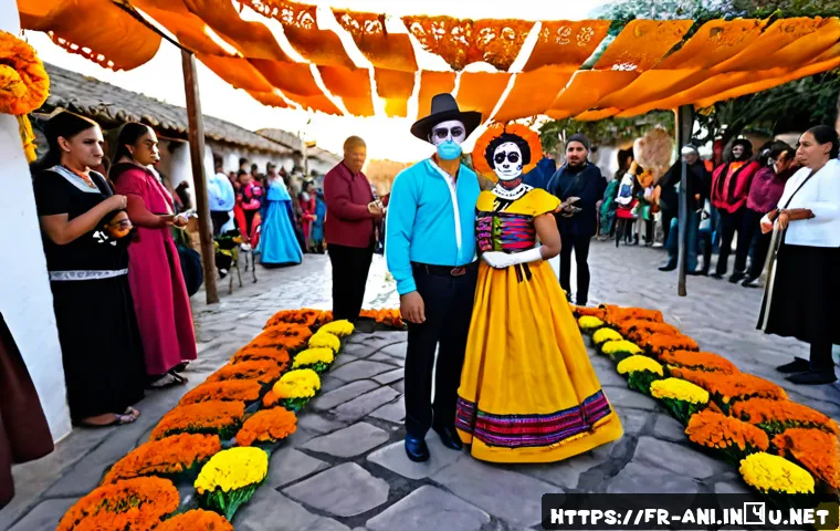 Home 15 코코 Coco 코코에서 멕시코 명절 망자의 날 의 재현 - Photorealistic Mexican Day of the Dead celebration in a sunlit village plaza, elegant families weari...